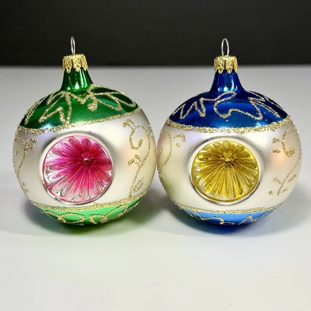 VTG Columbia Mercury Glass Triple Reflector Christmas Ornaments Set of 2 MCM